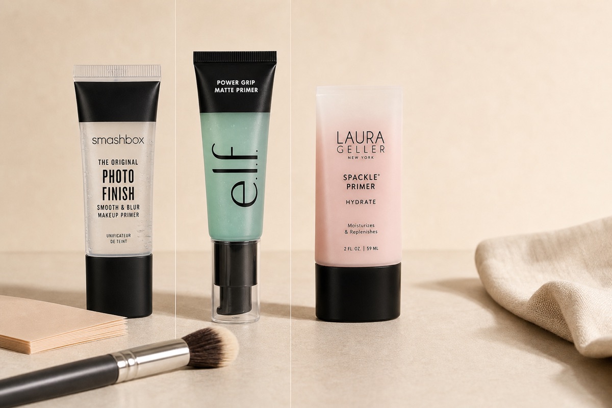 BeautySift editorial hero — Face Primer for Oily vs Dry Mature Skin in 2026: Smashbox vs e.l.f. vs Laura Geller