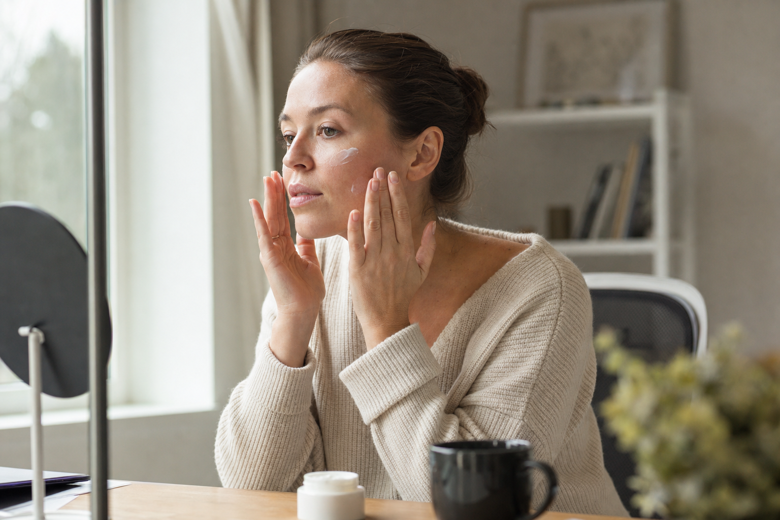 American woman at a desk using fingertips to check dry cheeks and apply a small amount of plain cream