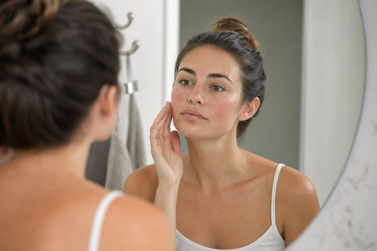 American woman checking mild cheek redness in a bathroom mirror before applying sunscreen to sensitive skin