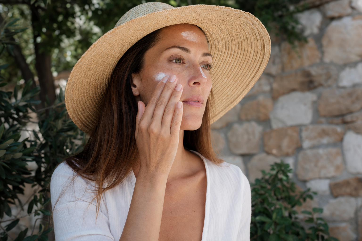 American woman outdoors in open shade gently reapplying sunscreen with careful dabbing motions on sensitive skin