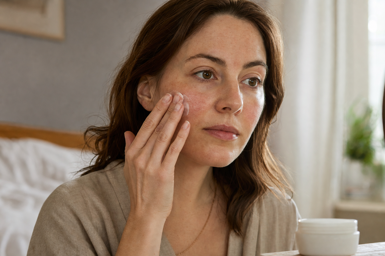 American woman applying a plain moisturizer gently to a recovering cheek with slow careful pressure