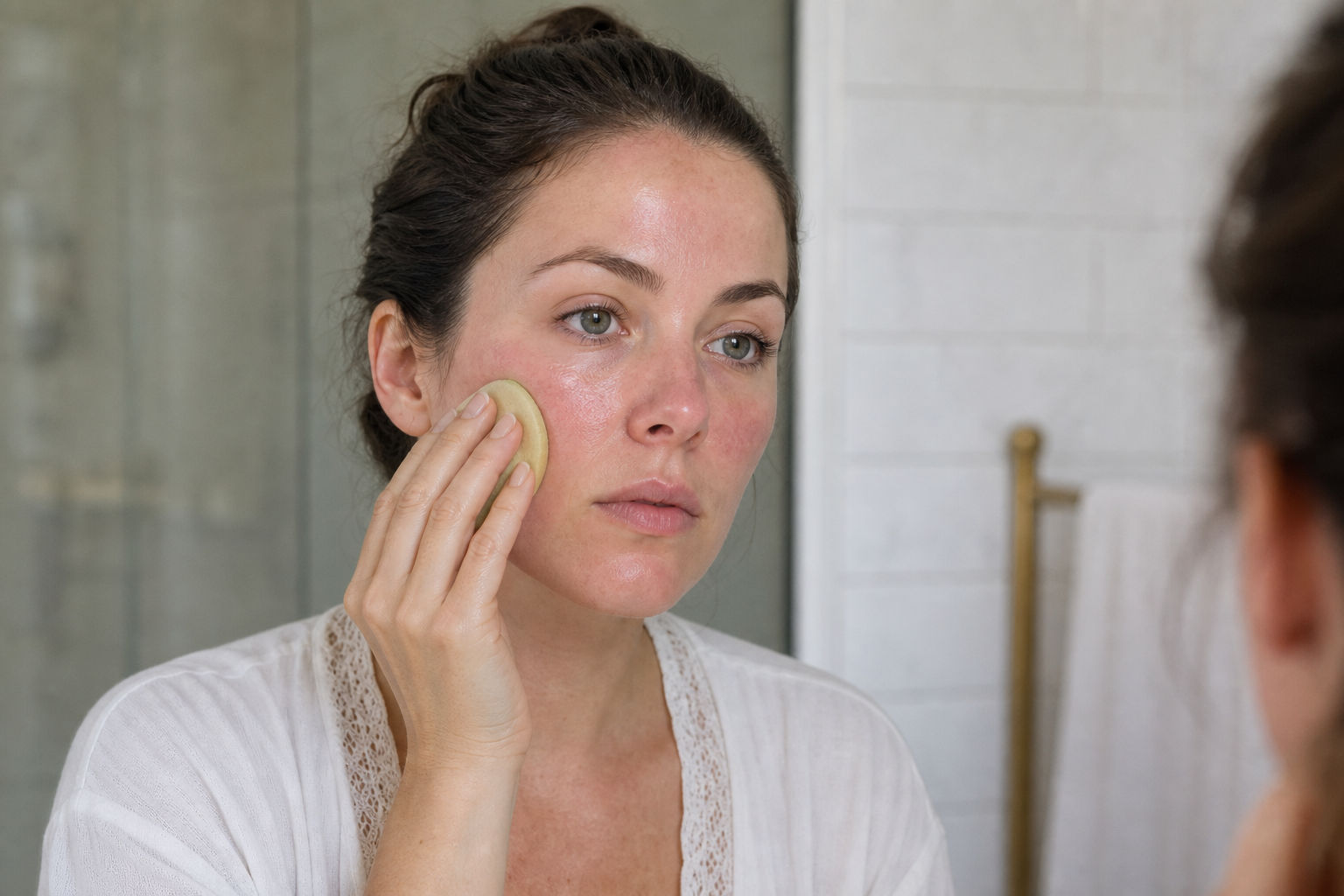 American woman gently pressing a damp makeup sponge over redness on her cheeks after skincare