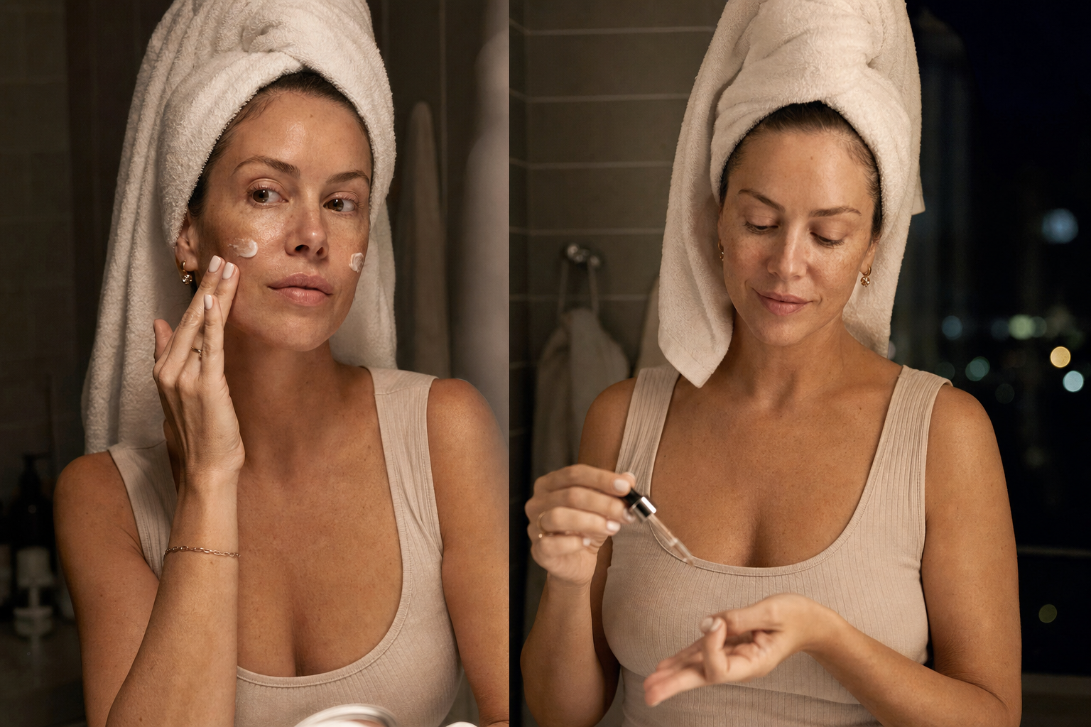 American woman doing a gentle nighttime skincare routine with moisturizer before reintroducing retinol