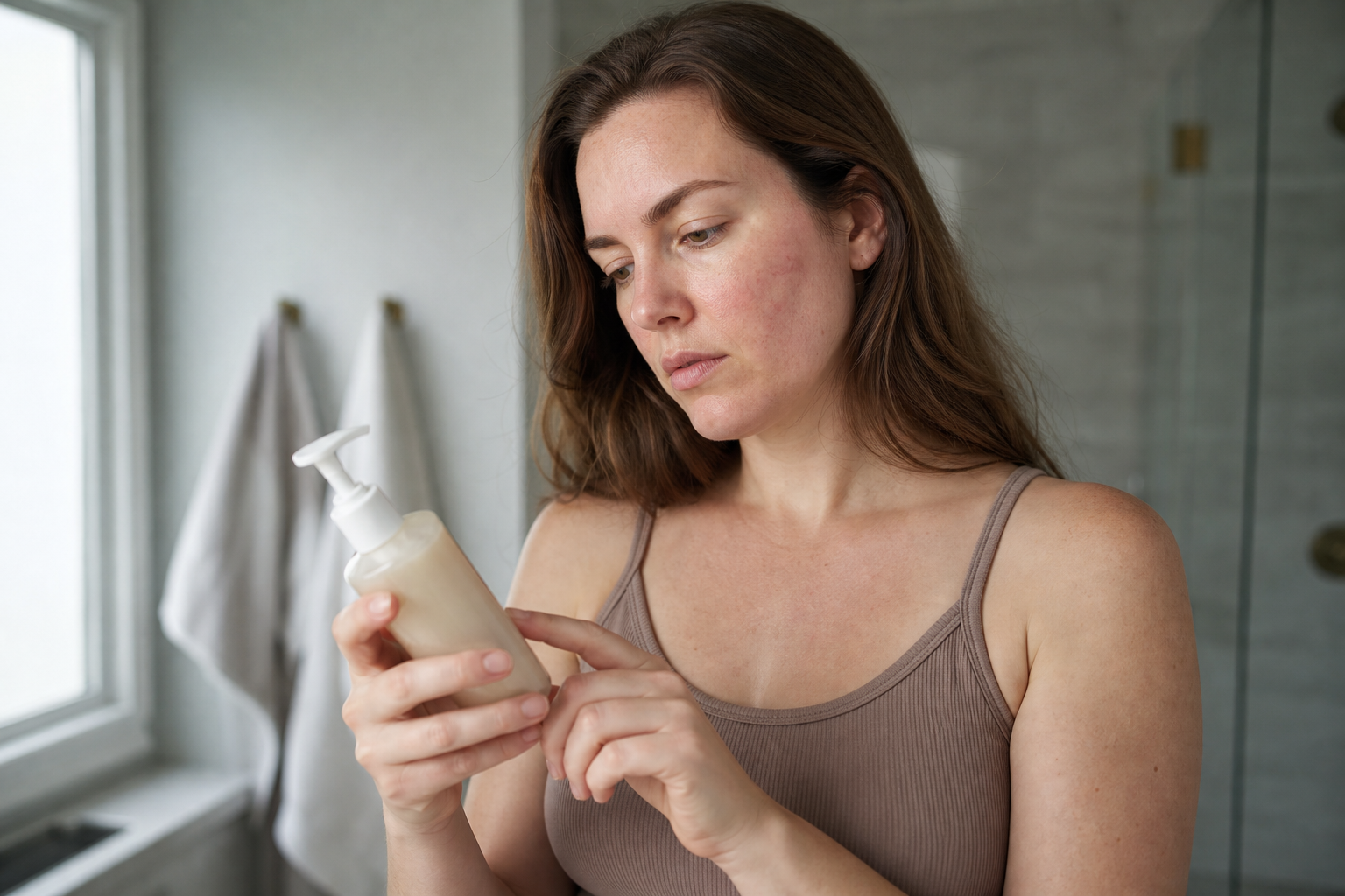 American woman checking the ingredient label on a gentle facial cleanser in a bathroom
