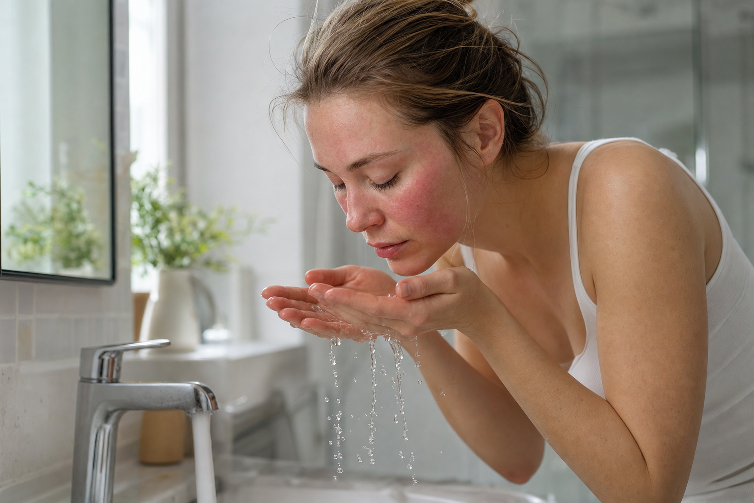 American woman rinsing a flushed face with lukewarm water during a gentle skin barrier reset after too many active ingredients