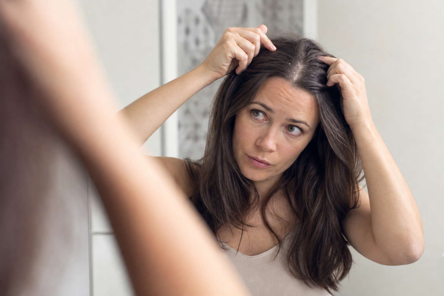 American woman parting her hair in a mirror to check mild scalp flaking near the roots