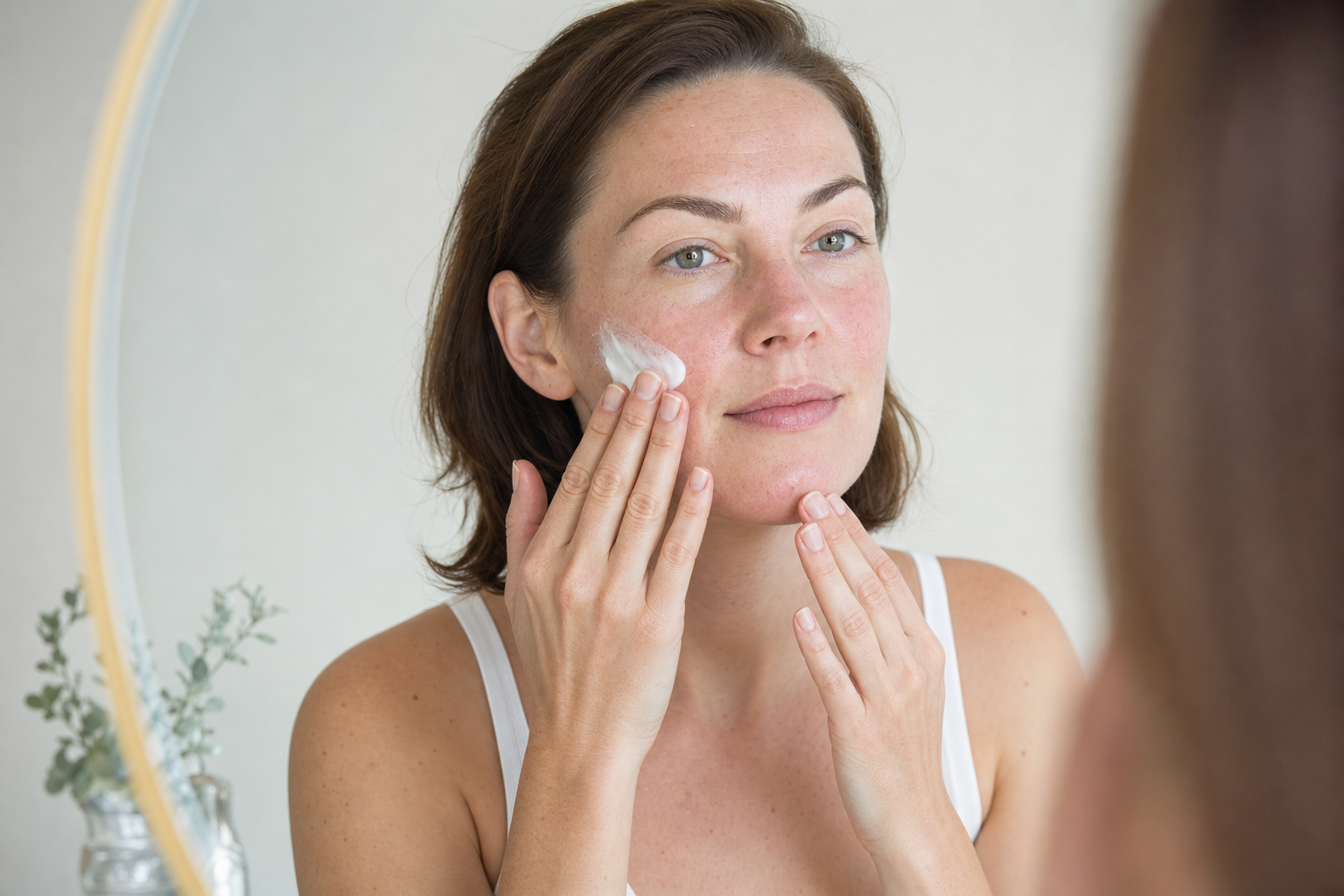 American woman gently applying sunscreen before makeup on reactive skin