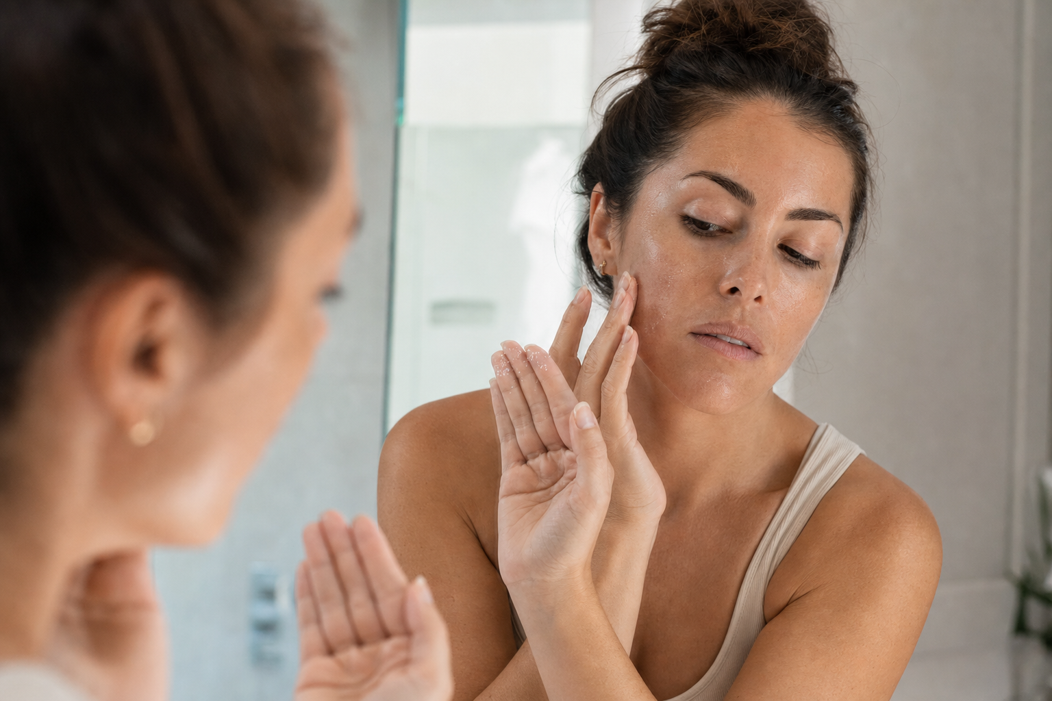 American woman noticing tiny sunscreen pills on her fingertips and switching to a lighter patting motion on her cheek