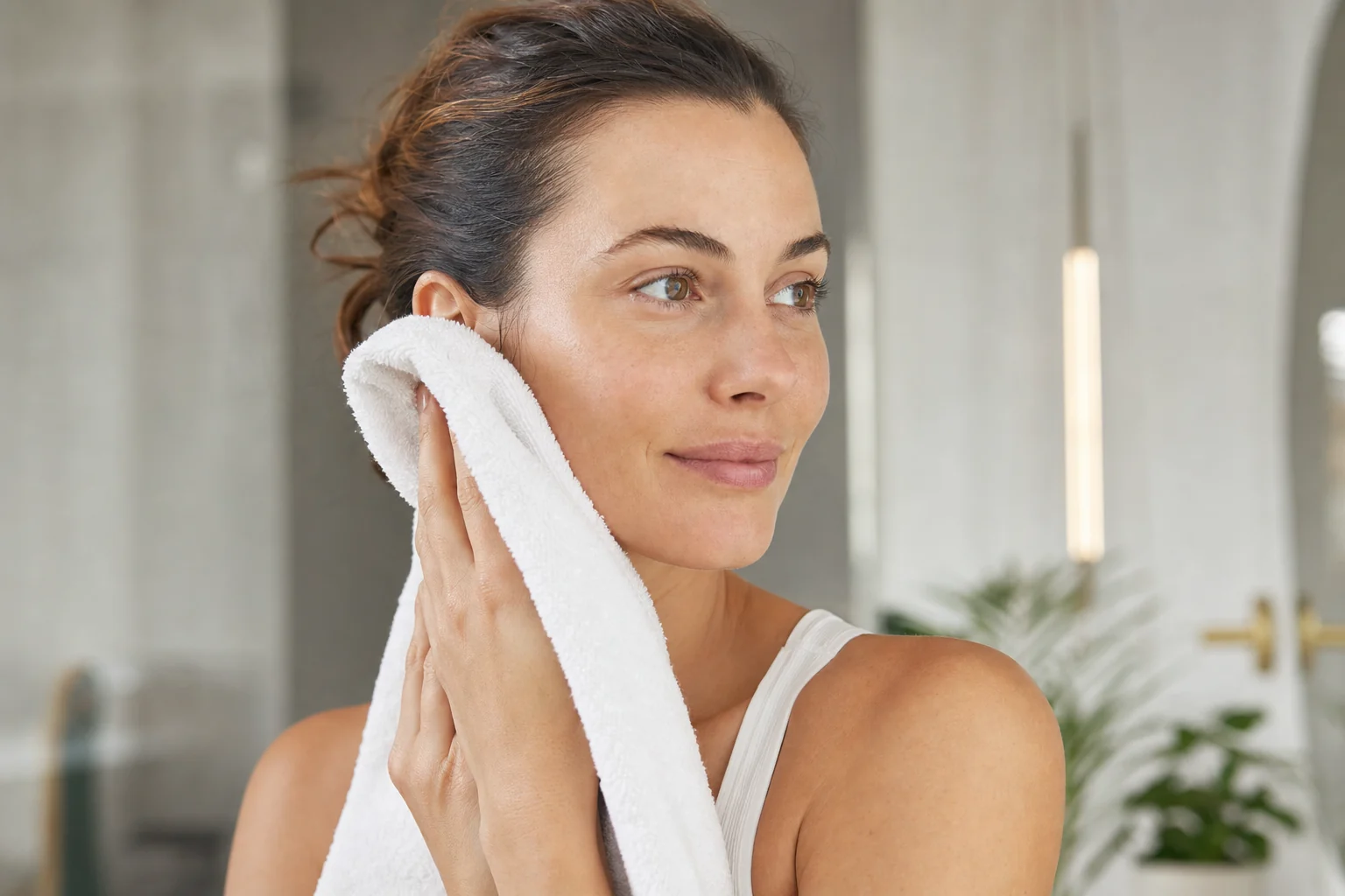 American woman gently patting her face dry with a white towel after cleansing in soft bathroom light
