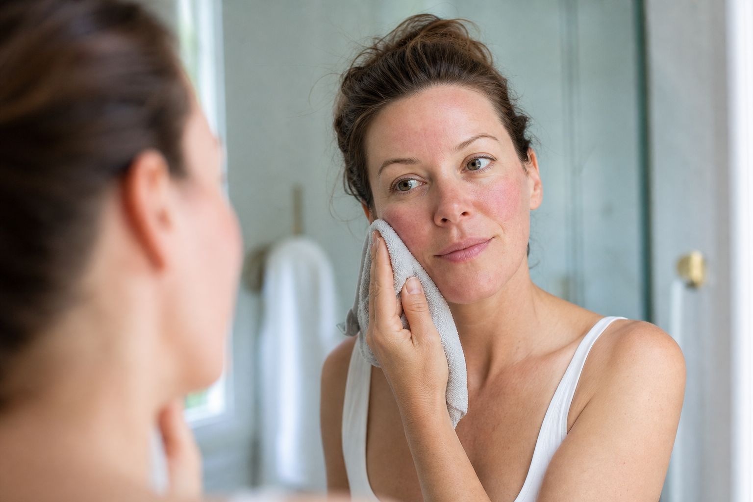 American woman pressing a soft damp washcloth lightly against a sensitive cheek while checking redness in a mirror