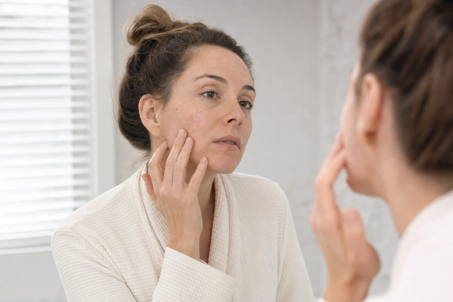 American woman checking dry sensitive skin on her cheek in a bathroom mirror after gentle cleansing