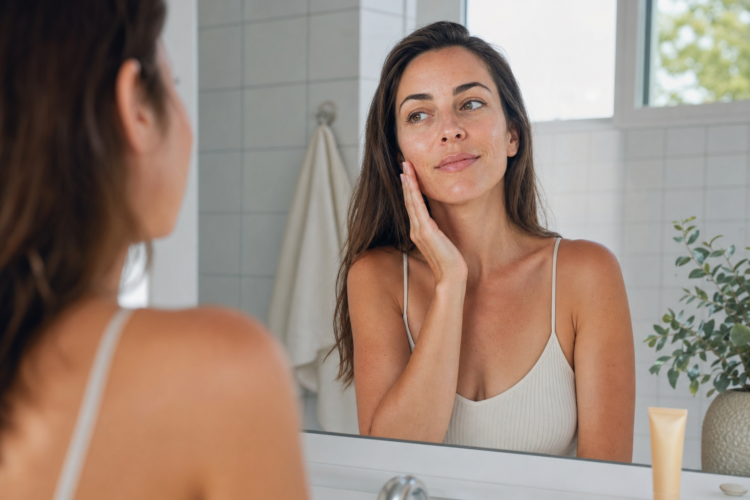 American woman waiting a minute between moisturizer and sunscreen while checking her skin in a bathroom mirror