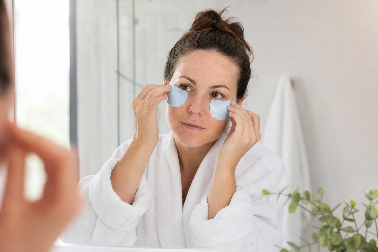 American woman applying a cool compress under her eyes during a gentle morning routine
