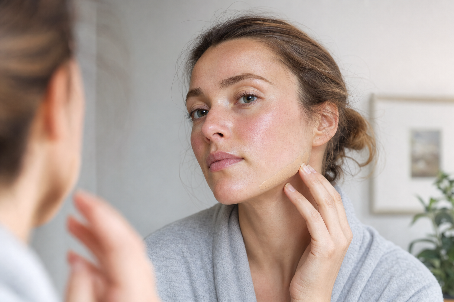 American woman testing foundation along the jawline after gentle makeup prep