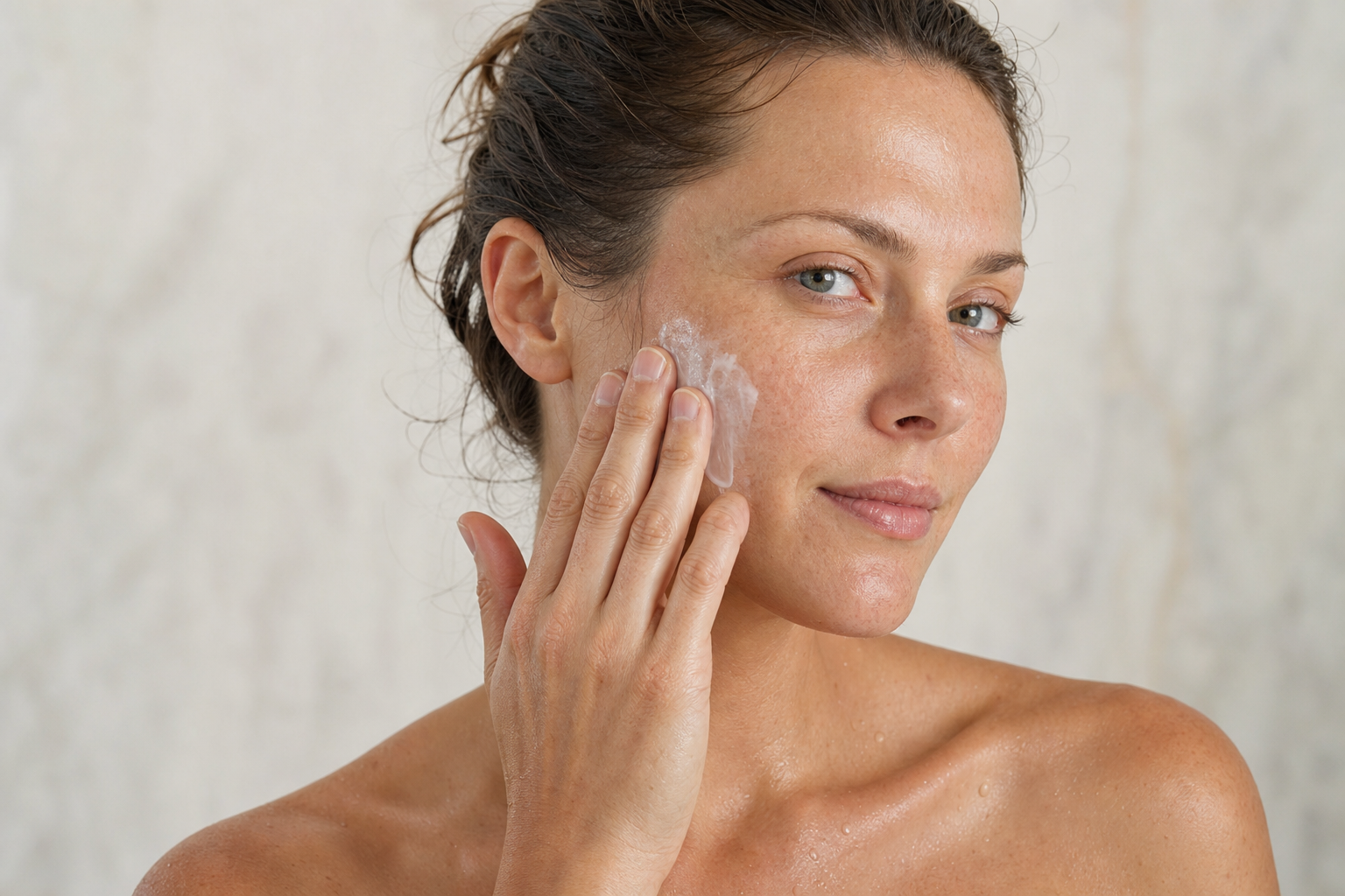 American woman pressing moisturizer onto damp facial skin after cleansing
