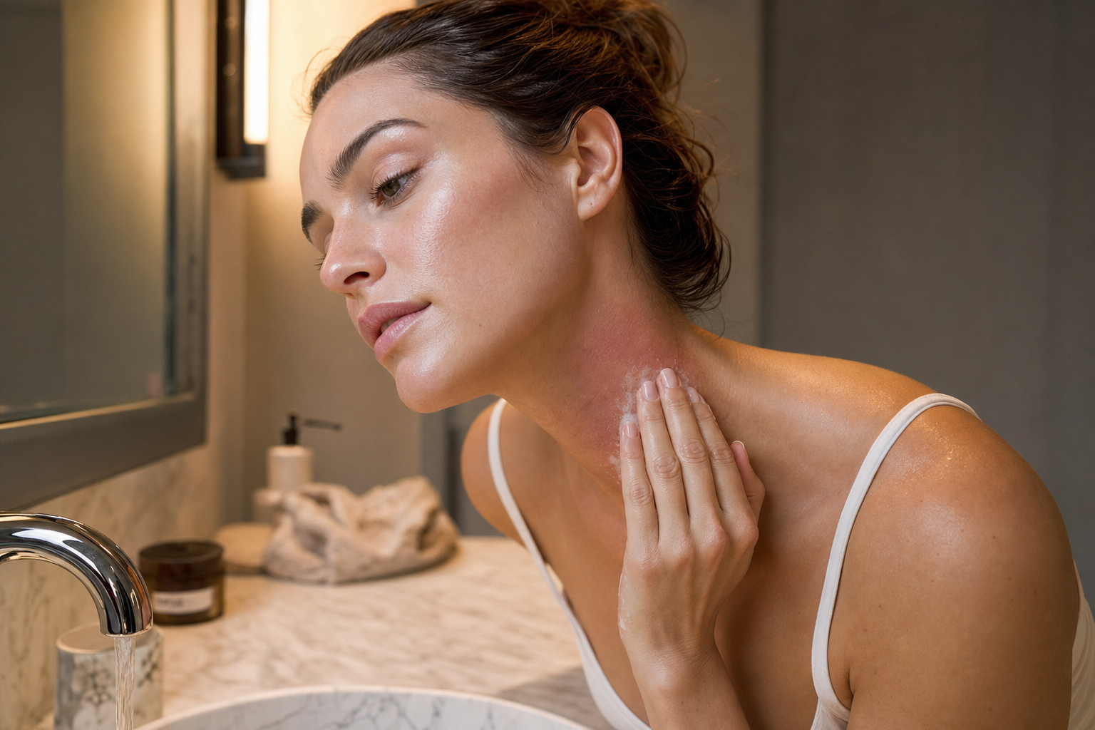 American woman gently rinsing a small irritated patch on her neck at a bathroom sink