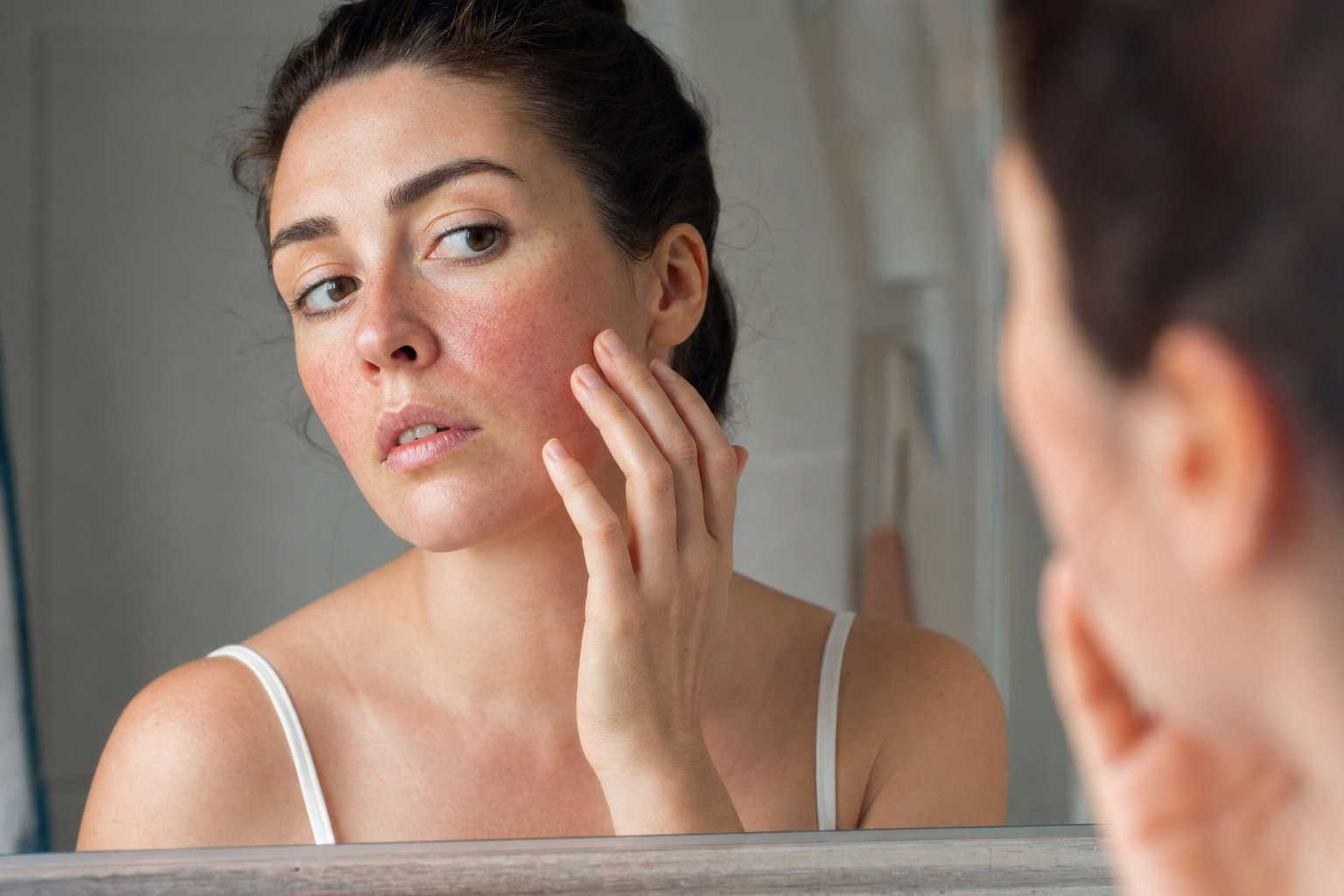 American woman checking mild cheek redness in a mirror after over-exfoliation