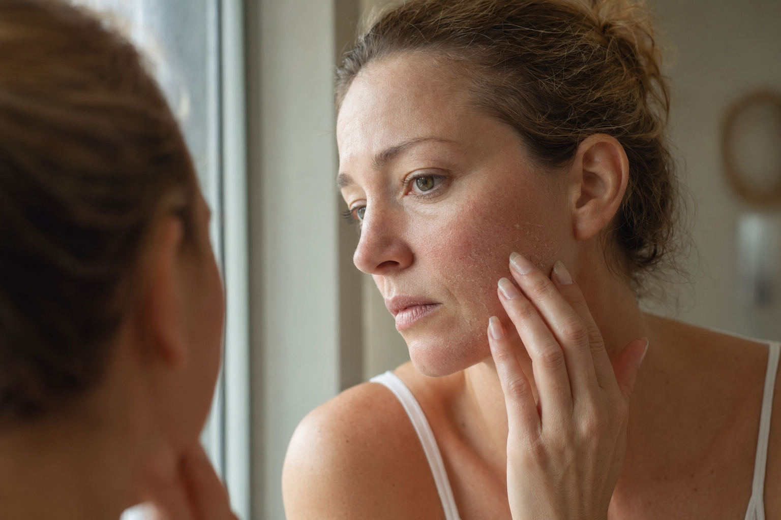 American woman checking dry sensitive cheek skin near a window in soft daylight