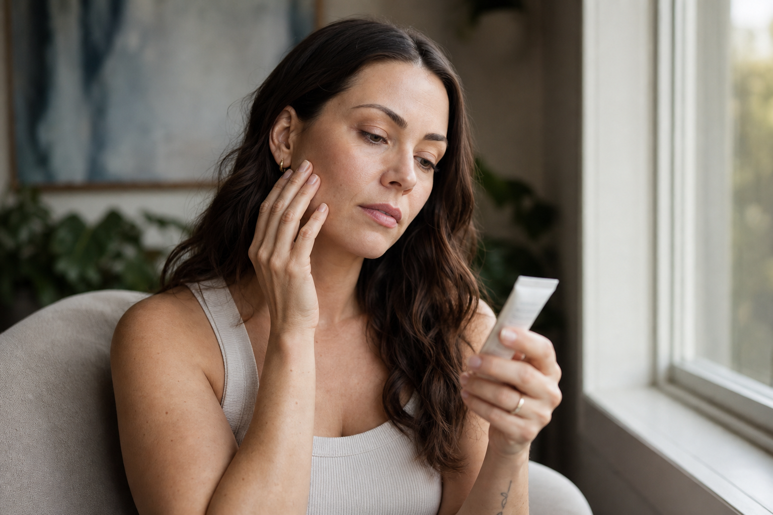 American woman reading a skincare ingredient label while touching her cheek and assessing a barrier repair moisturizer