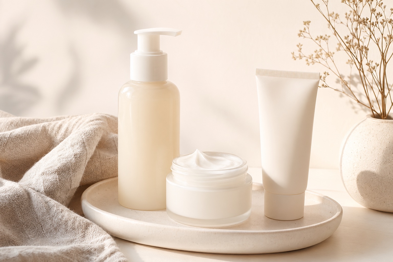 Gentle skin barrier reset routine with cream texture and soft natural light