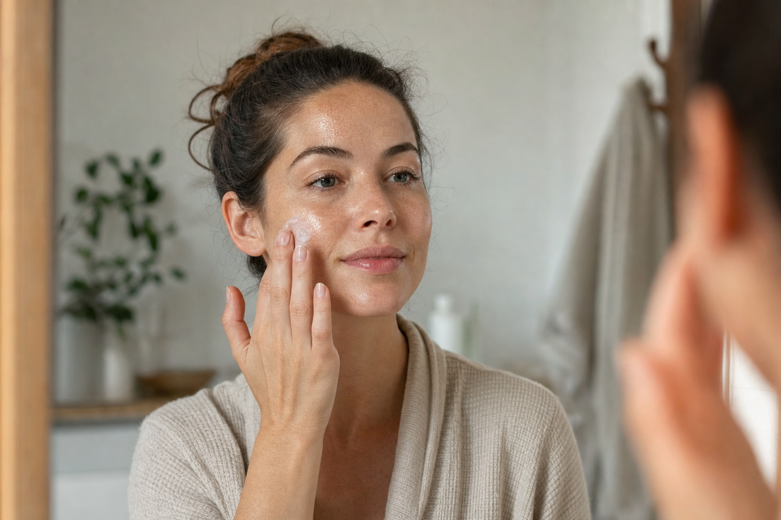 American woman applying moisturizer after a gentle cleanse in a barrier-support routine