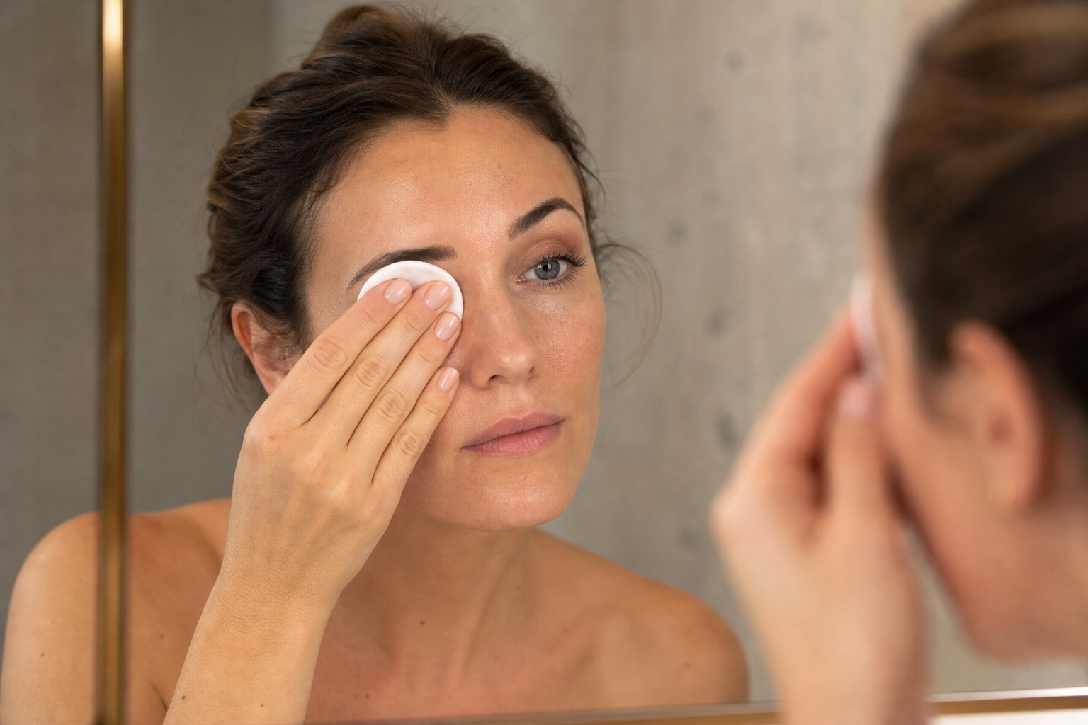 American woman removing eye makeup with a cotton pad in soft bathroom light