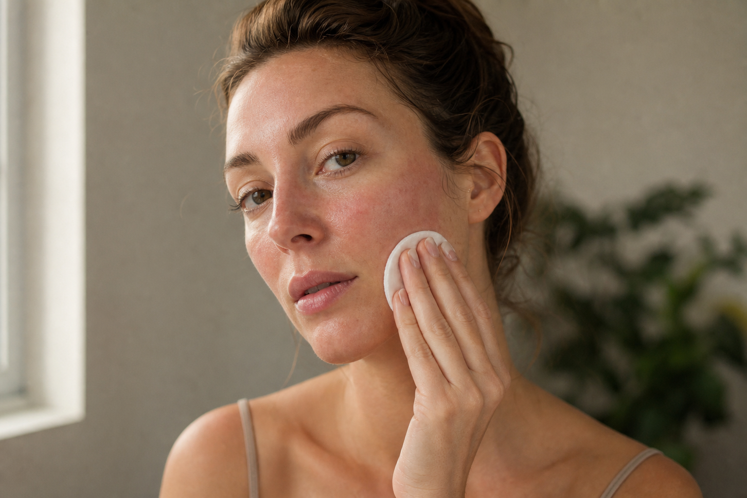 American woman pressing a cotton pad to her slightly flushed cheek after cleansing