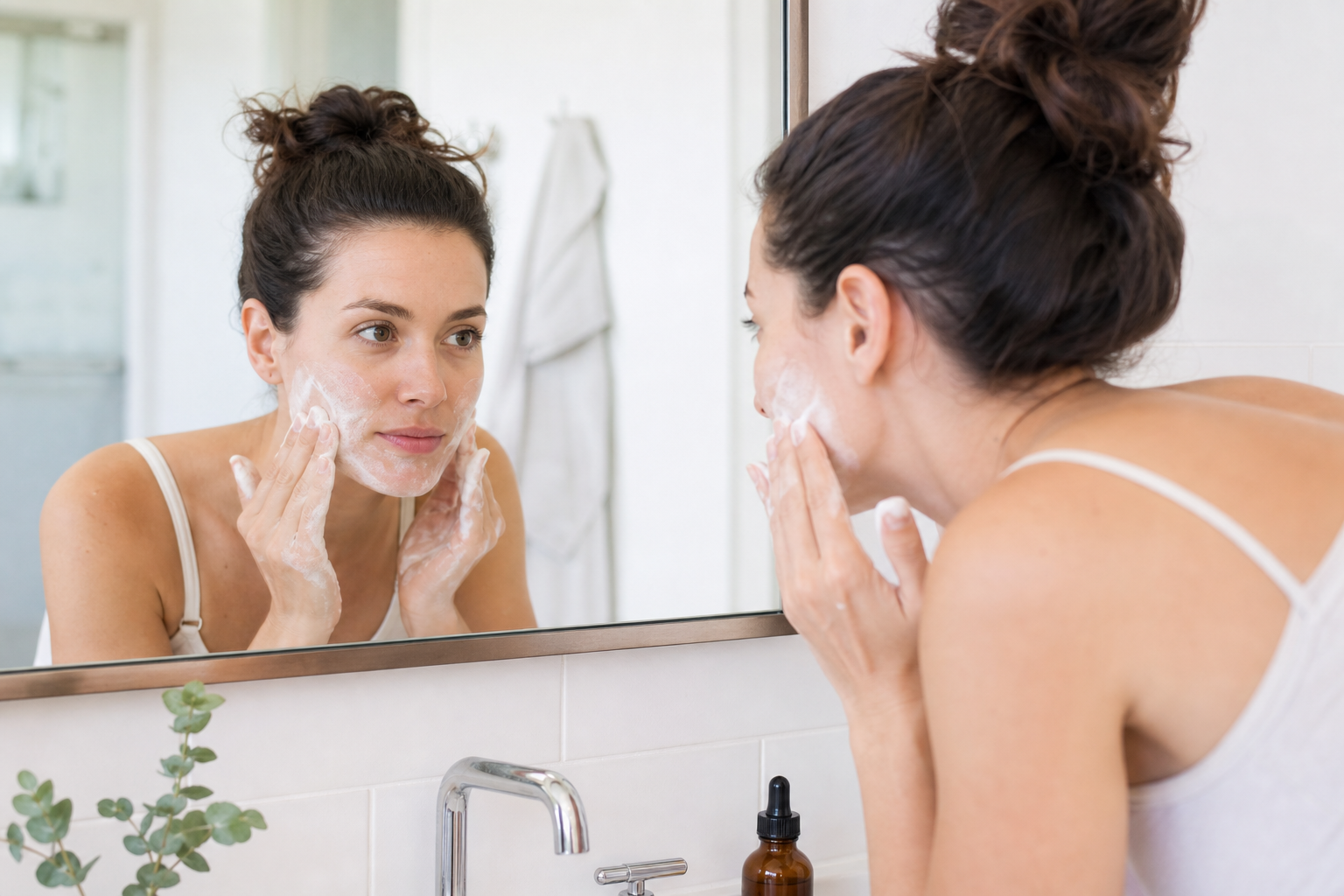 American woman washing her face with a gentle foaming cleanser at a bathroom sink