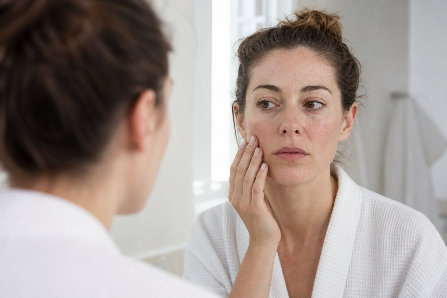 American woman checking for dryness and sensitivity in the mirror after cleansing
