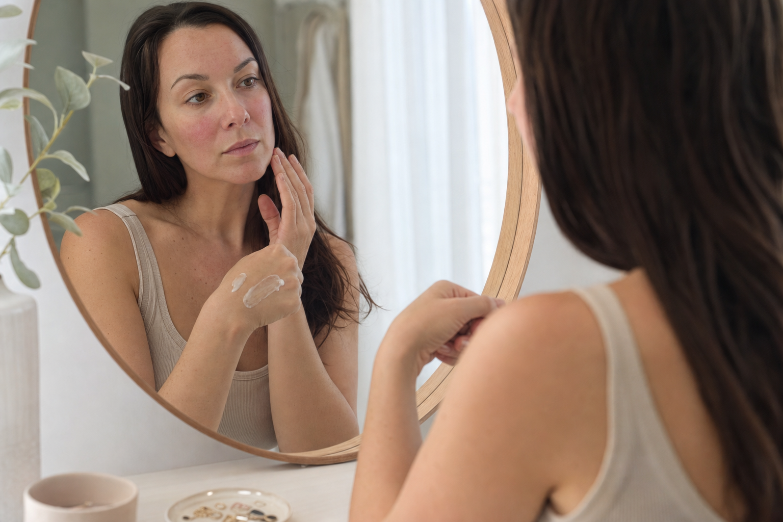American woman comparing moisturizer textures on the back of her hand while checking mild cheek redness in the mirror