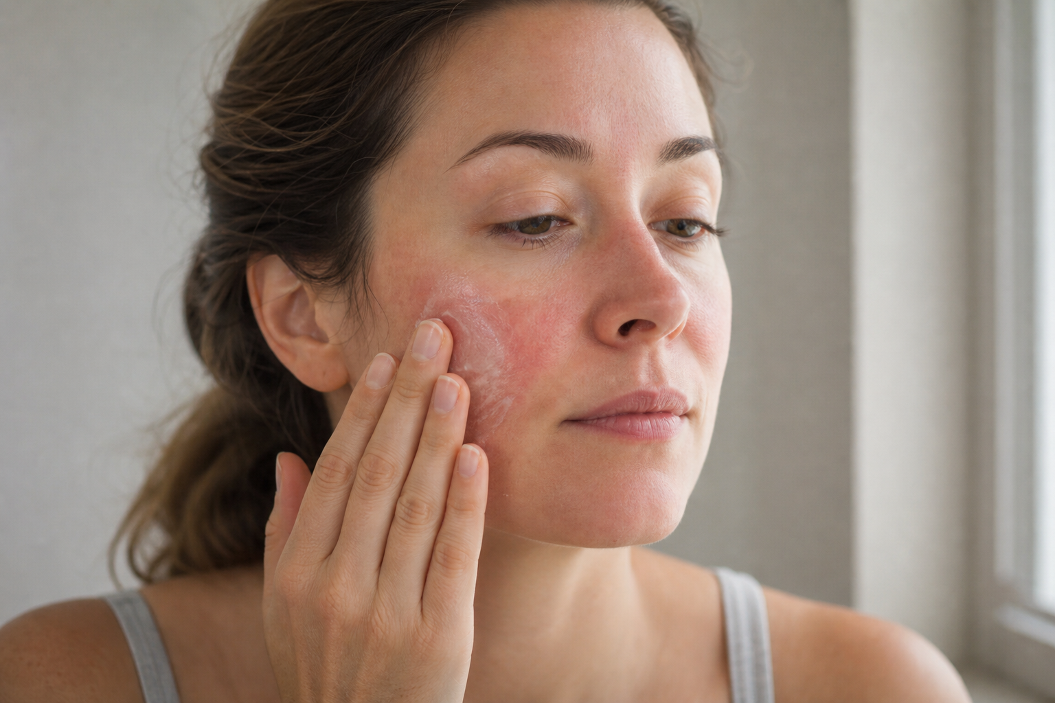 American woman applying plain moisturizer with light pressure to a red cheek while calming irritation from too many skincare actives