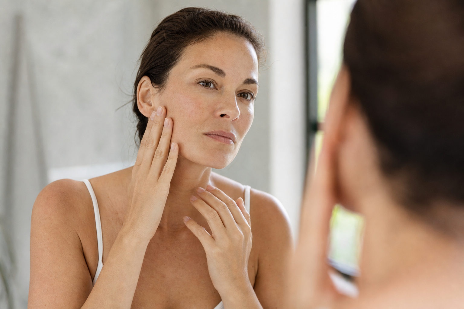 American woman checking tight cheeks in a mirror and gently patting her face during the middle of the day
