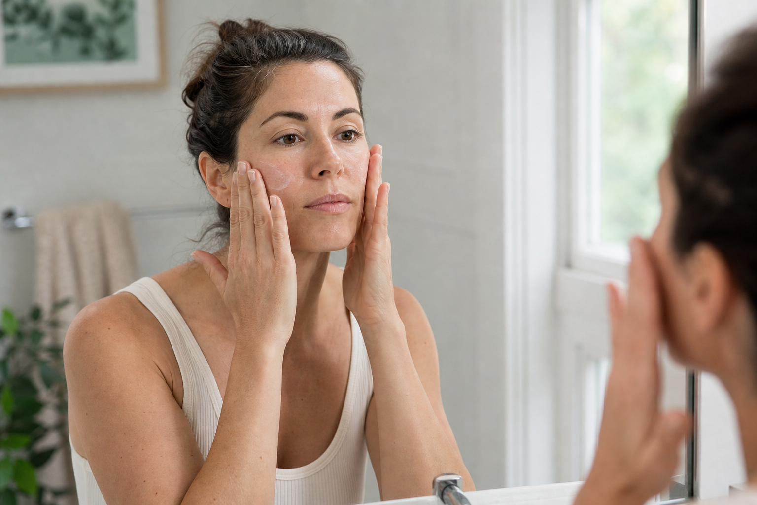 American woman gently applying moisturizer at the sink during a recovery-night skincare routine