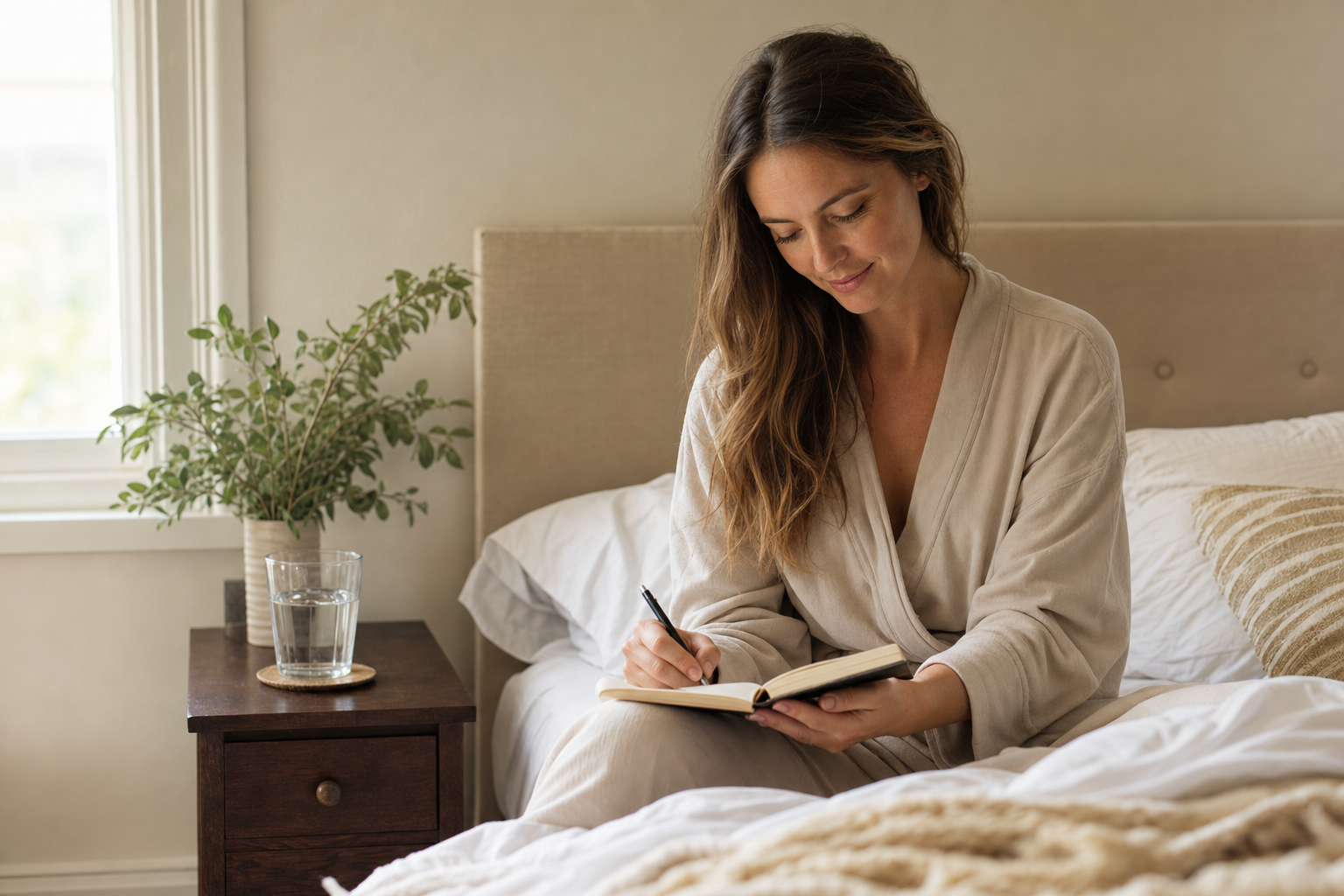 American woman journaling her sleep and skin notes on a bed in soft morning light