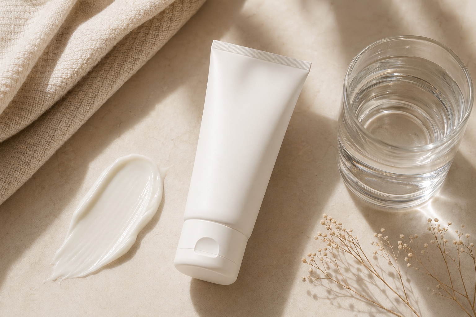 Minimal skincare routine for a calm skin barrier on a warm cream background