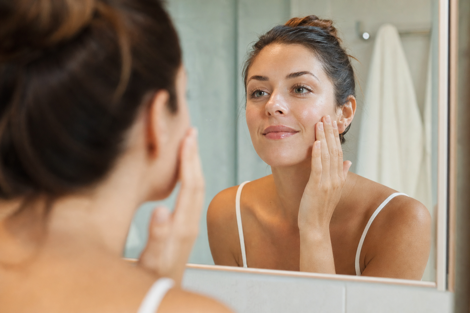 American woman gently touching her cheek after cleansing and checking skin comfort in the mirror