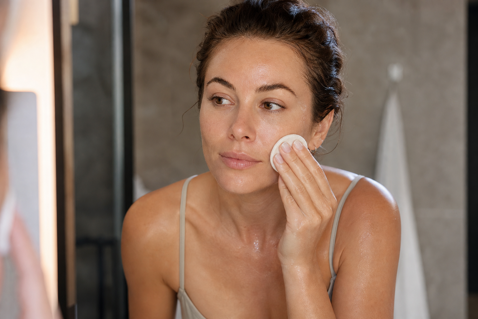 American woman doing a gentle evening cleansing routine at a sink with a cotton pad in hand