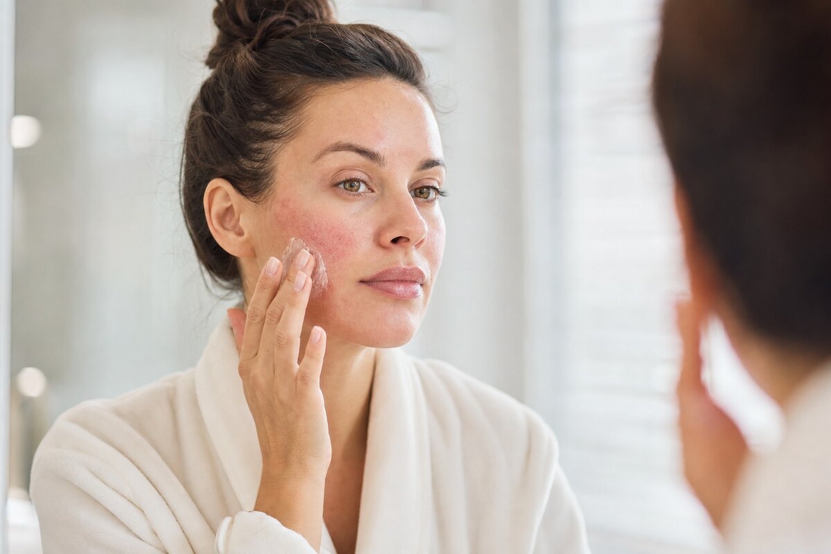 American woman gently pressing restorative cream onto a mildly red cheek in a bright bathroom mirror