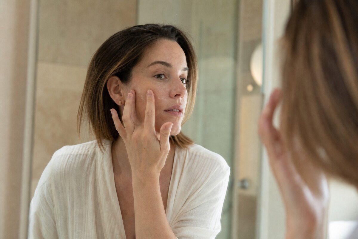 American woman applying sheer skin tint with fingertips in soft morning light