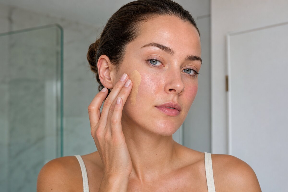 American woman applying lightweight foundation to one cheek in soft bathroom light