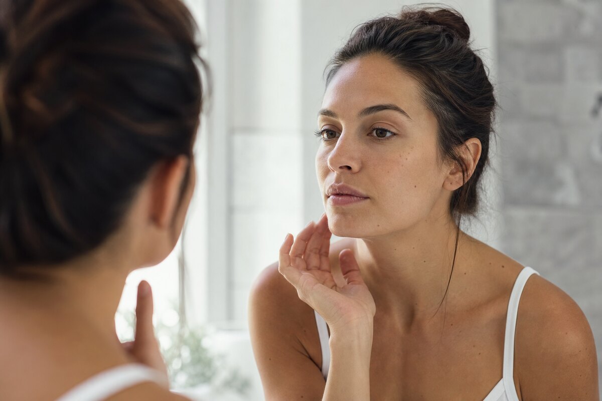 American woman checking natural foundation finish in a mirror after application