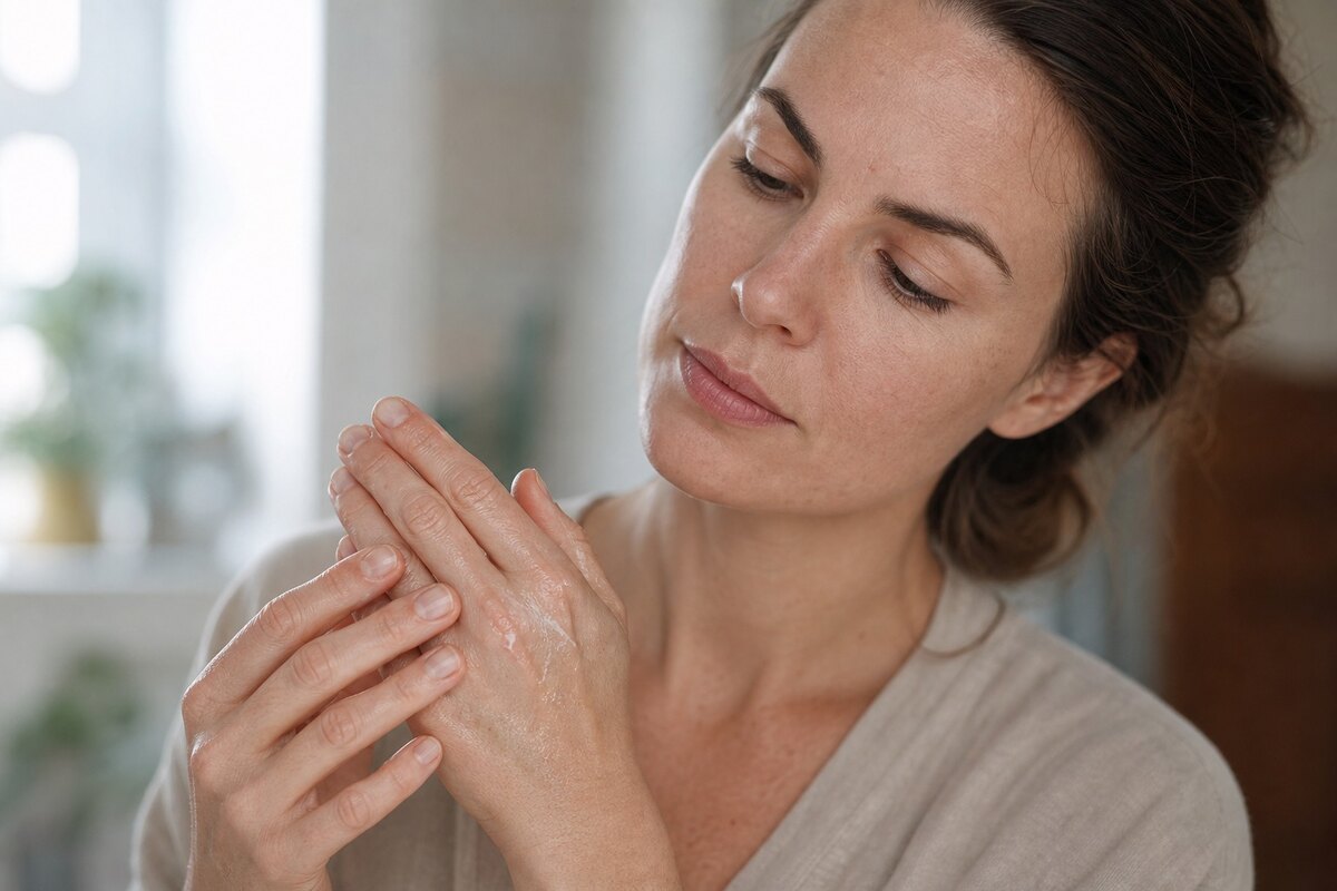 American woman massaging a protective ointment onto dry cracked knuckles and cuticles at home