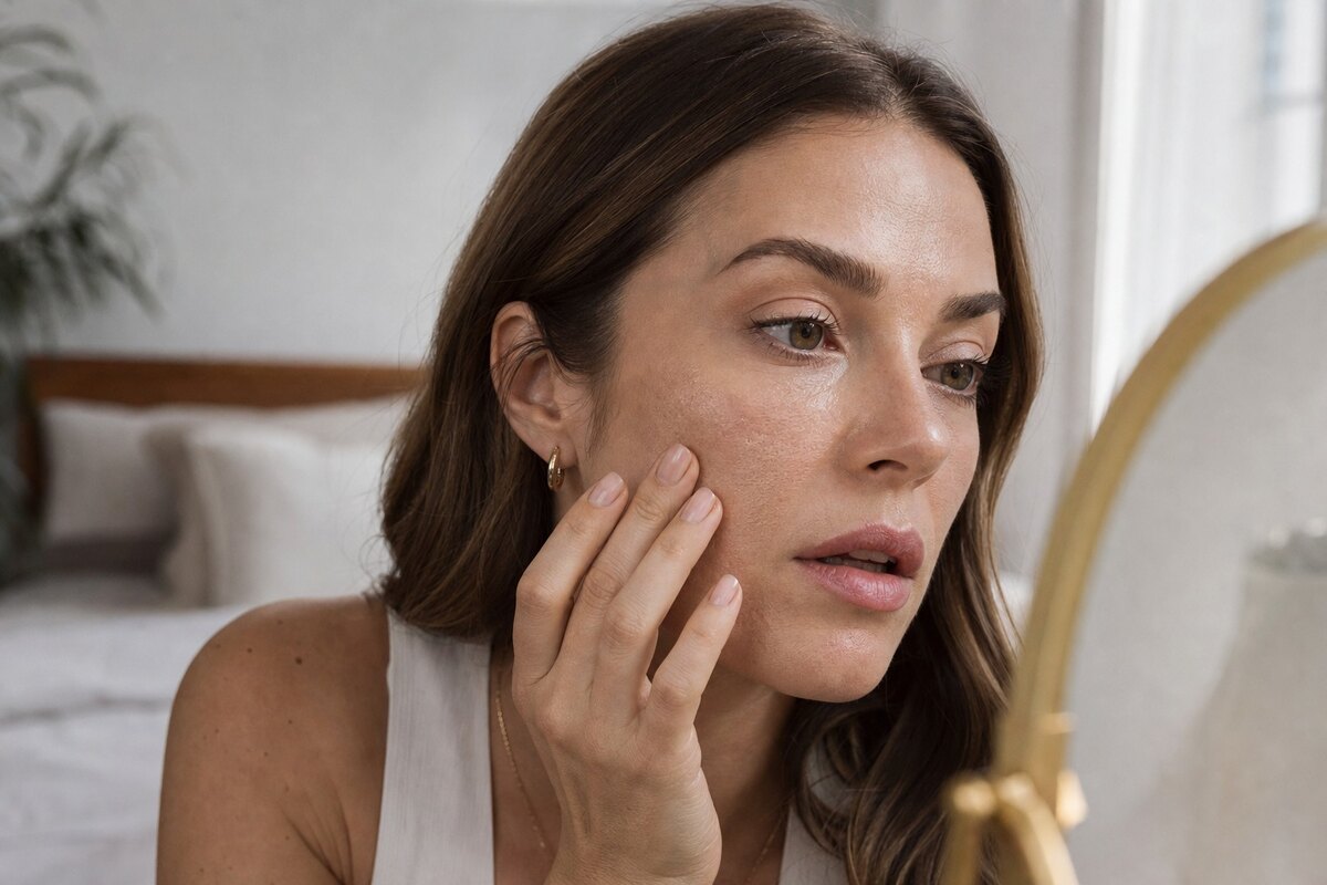 American woman checking how sheer skin tint sits on dry patches around the nose and cheeks