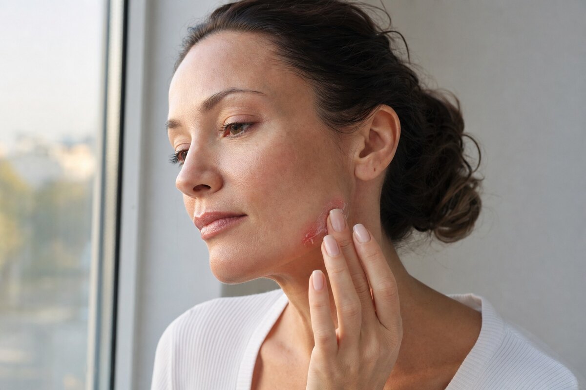 American woman applying restorative cream to a dry irritated jawline patch beside a softly lit window