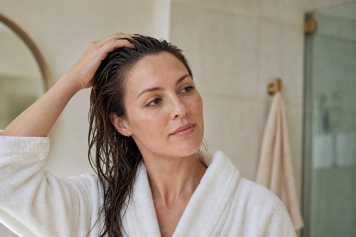 American woman touching the crown of her head after washing her hair, checking whether her scalp feels calmer and less tight