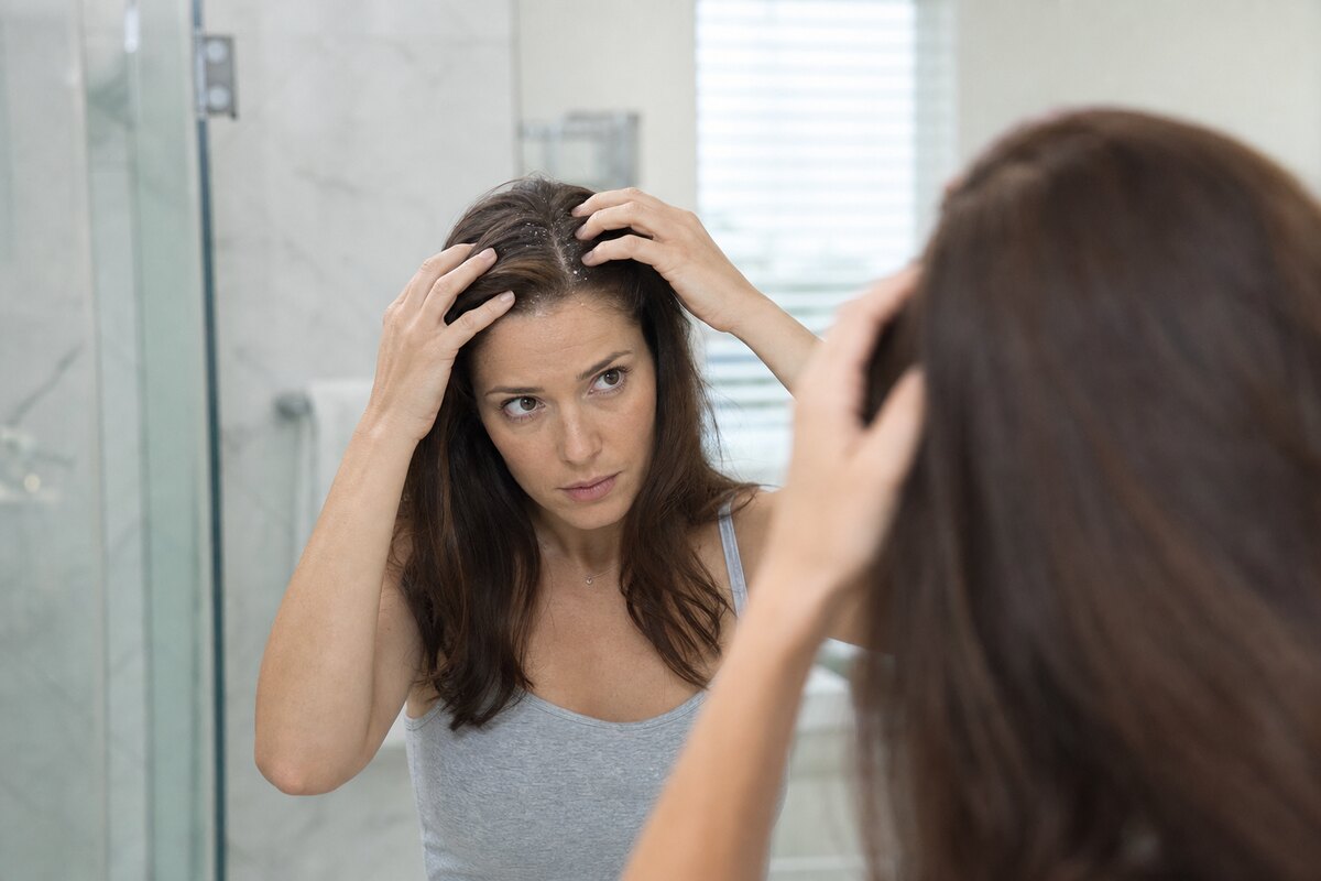 American woman parting her hair in a bathroom mirror to check visible scalp flaking before washing