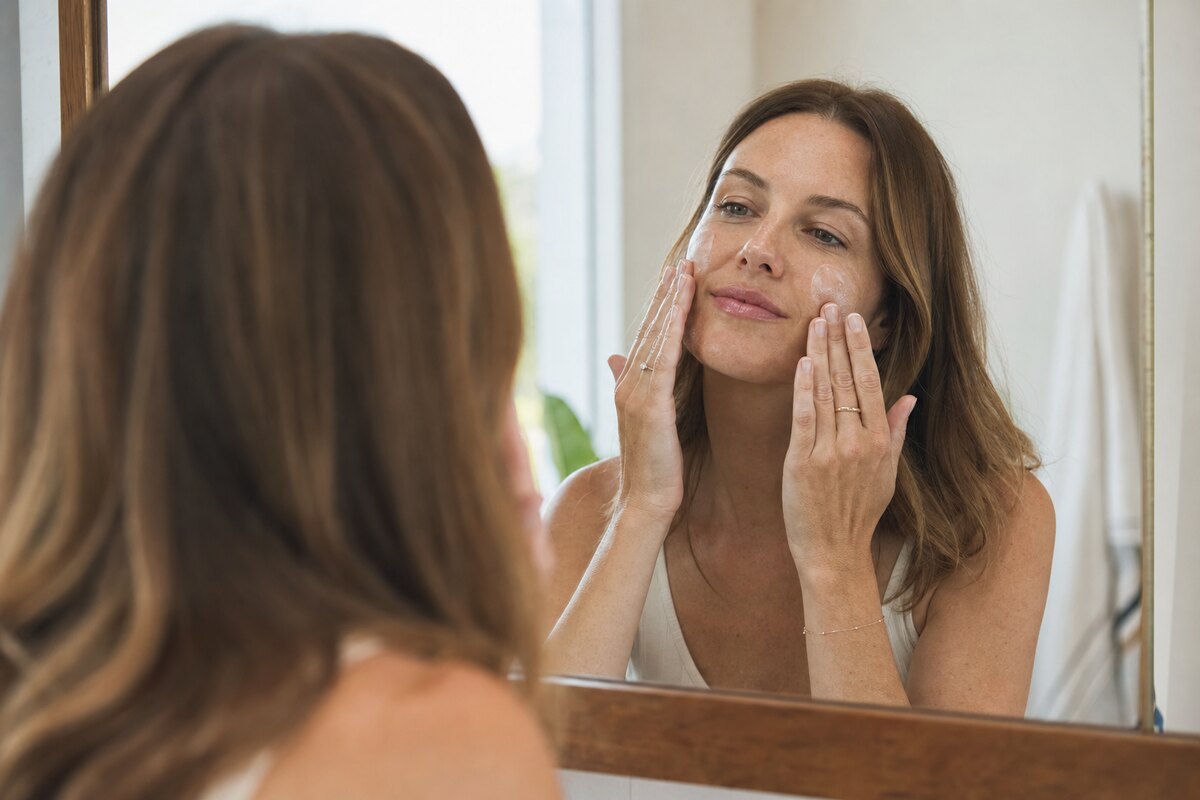 American woman applying sunscreen evenly as the final step of a gentle morning skincare routine