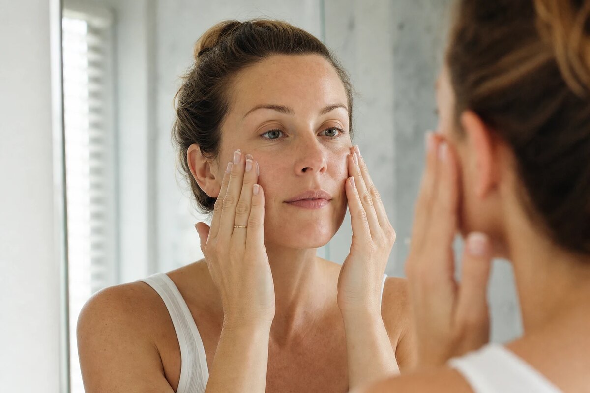 American woman pressing rich moisturizer into dry cheeks in a bright bathroom mirror