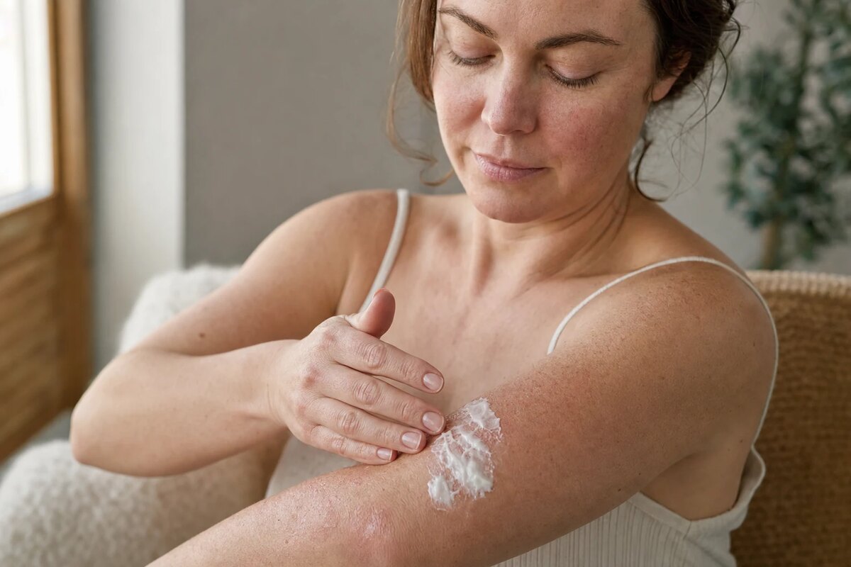 American woman applying thick cream to a rough dry forearm near a window