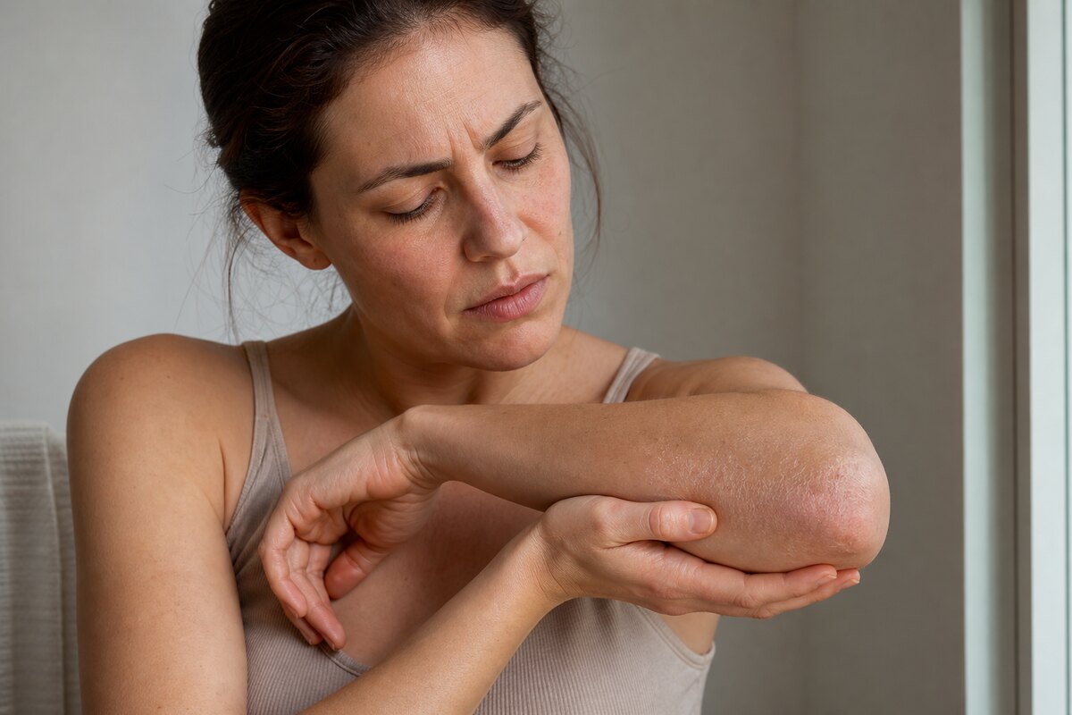 American woman examining dry skin on her elbow and forearm in soft daylight